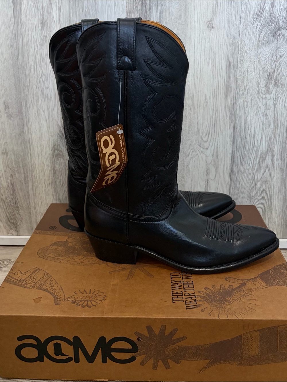 Vintage ACME Cowboy Boots Leather Western Black Mens 12 D New W Box